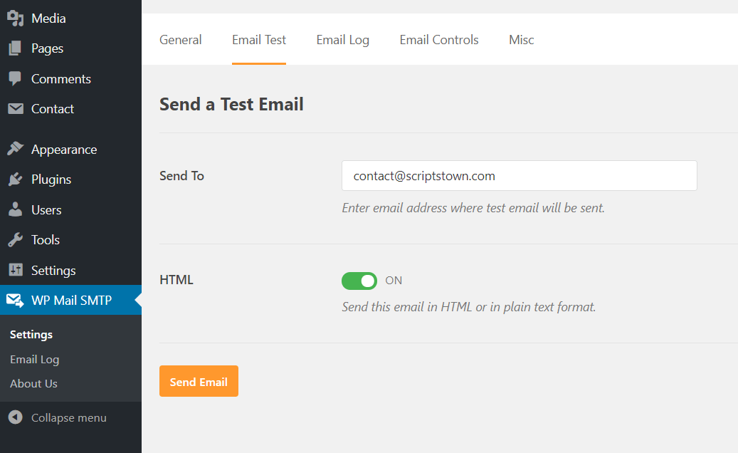 WP Mail SMTP - Send Test Email