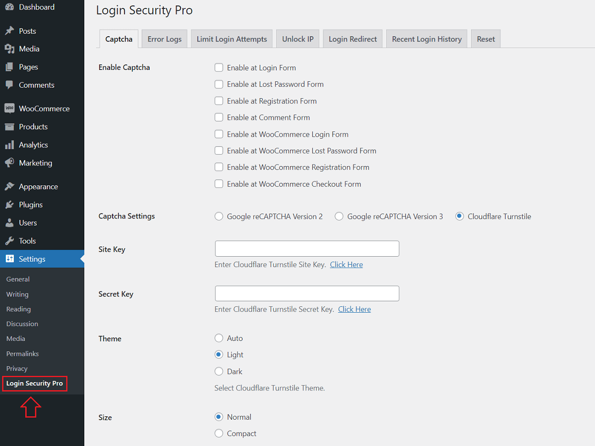 Settings - Login Security Pro WordPress Plugin