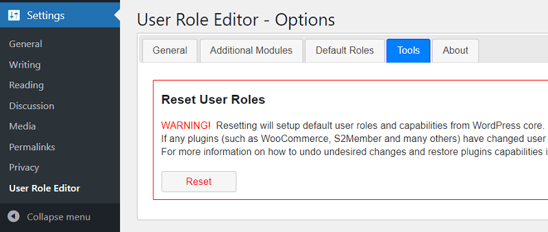 Reset User Roles Option