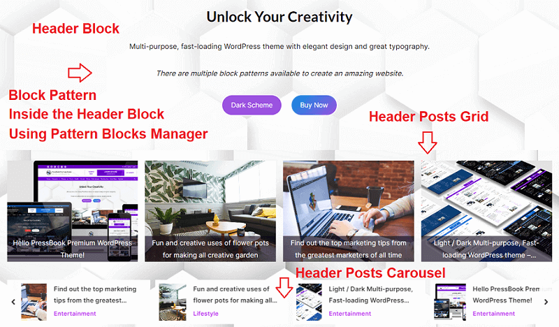 Header Block and Pattern - Posts Grid - Posts Carousel