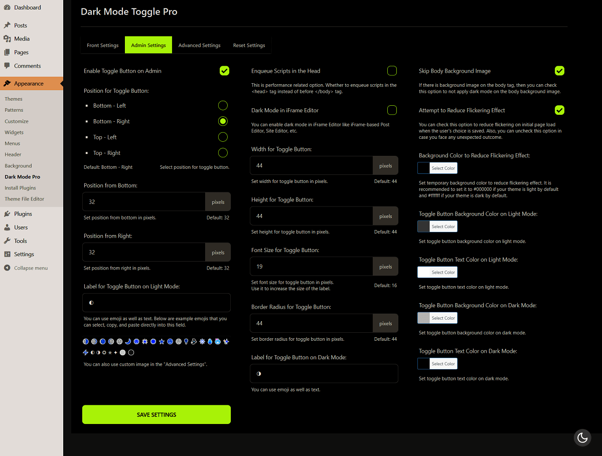 Dark Mode Toggle Pro - Admin Settings