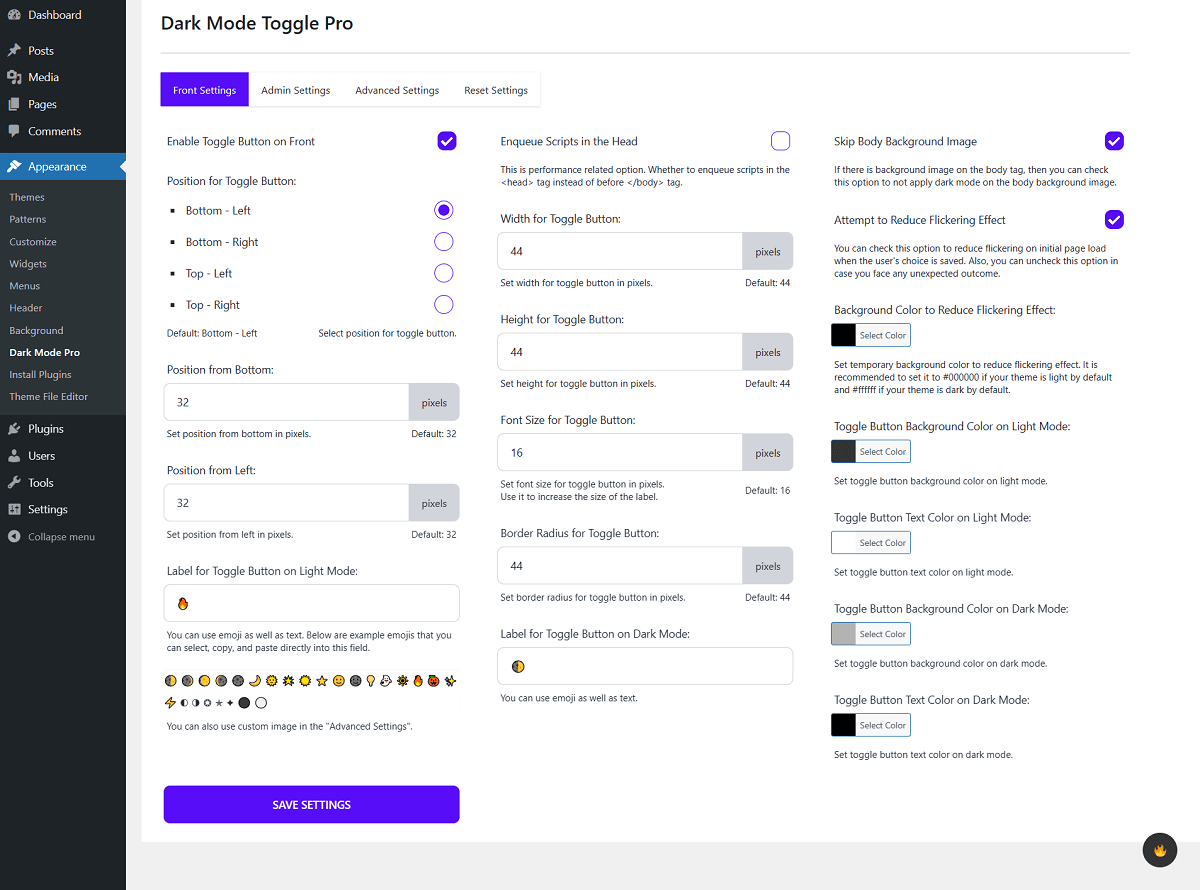 Dark Mode Toggle Pro - Front Settings