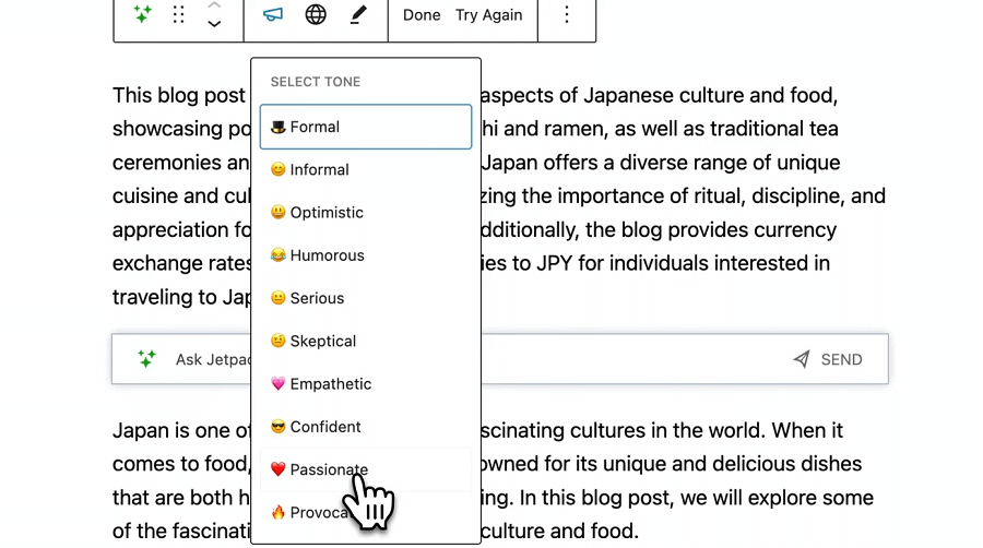 Select Tone of Writing with Jetpack AI